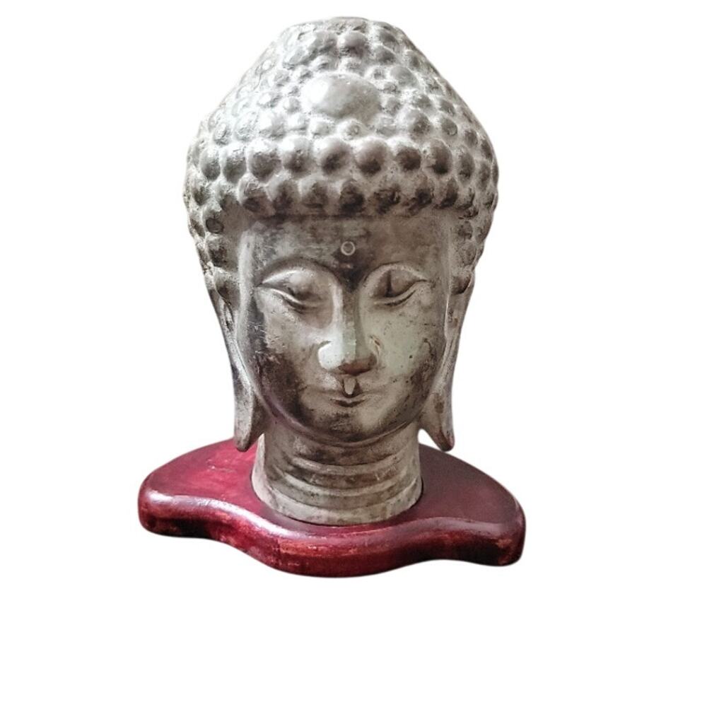 VTG Buddha Head Bust‎ Green Metal Weighted Asian Zen Home Decor Redwood Stand